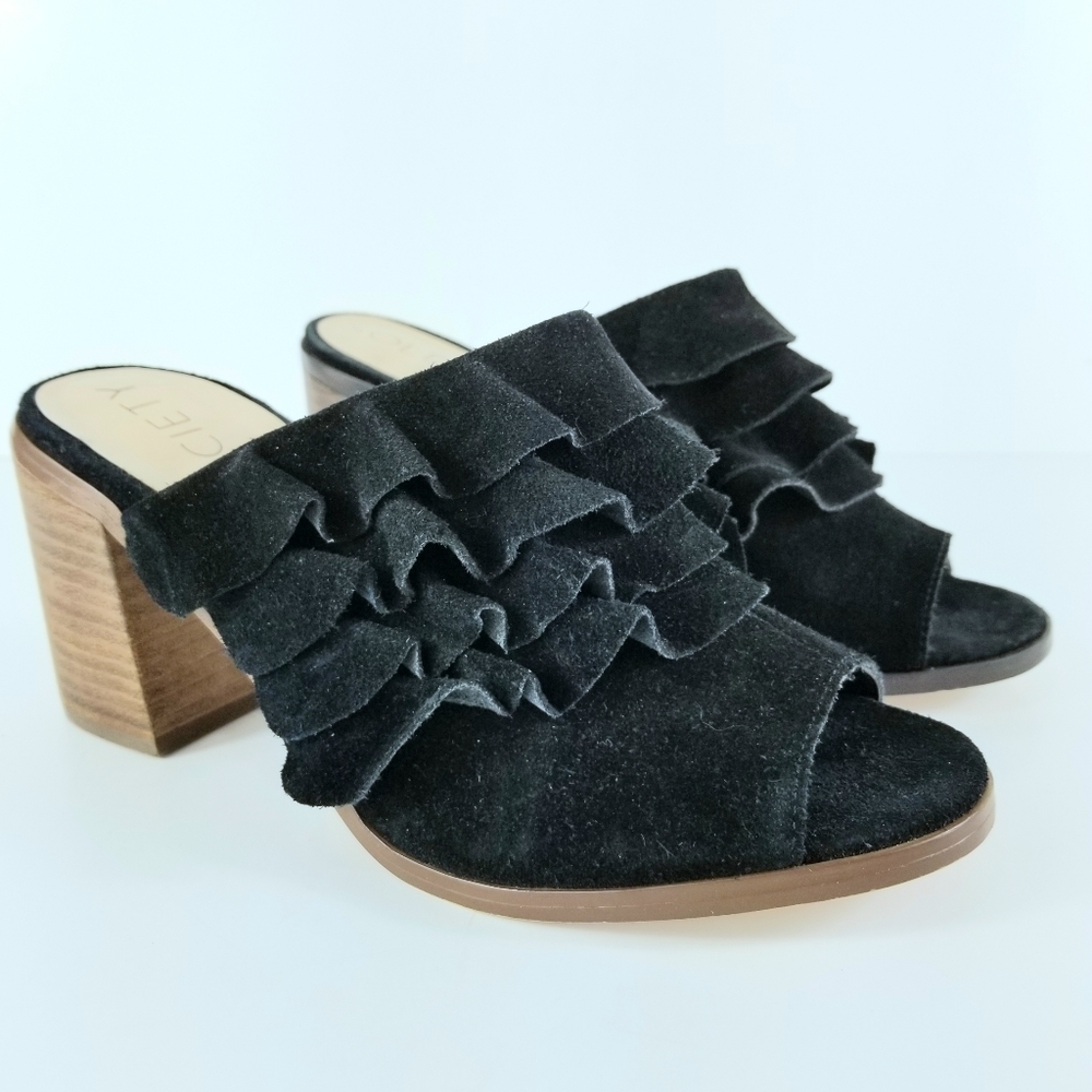 Sz 37 Sole Society Peep Toe Ruffle Suede Block Heel Mules NWT